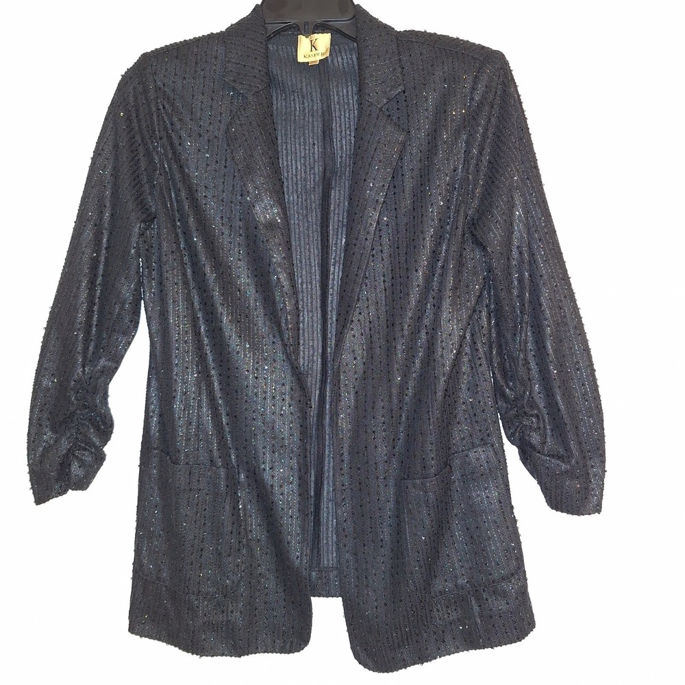 Kasper Sequin‎ Open Front Blazer Jacket PL Black Dark Academia